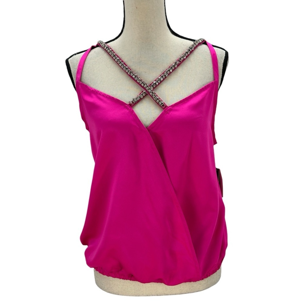 XOXO Sleeveless Beaded Strap Faux Wrap Cami Top - Hot Pink - size Large